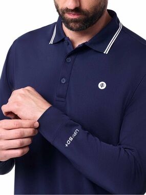 Coolibar Erodym Long Sleeve Golf Polo Shirt Men XL Navy UPF 50 Performance Sport